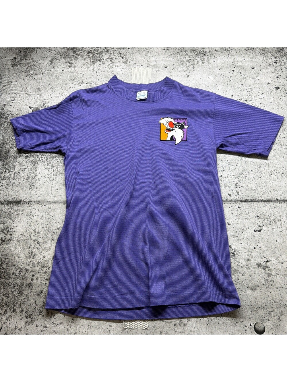 Vintage Six Flags Sylvester Patch T-Shirt M Purple Striped Single Stitch
